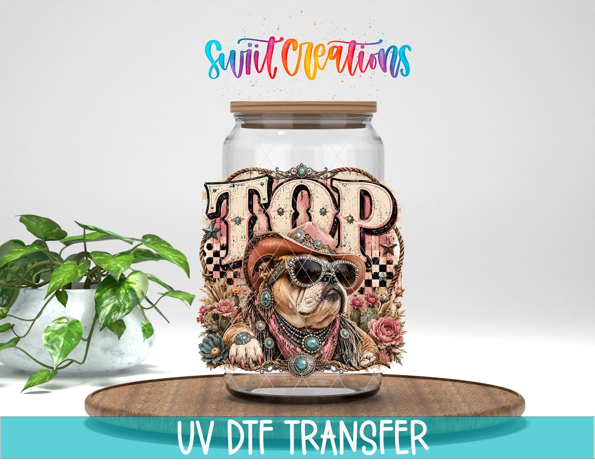 Top Dog Western Bulldog UV DTF Transfer | Retro Cowboy Dog Drinkware Design | UV2091 - Swiit Creations