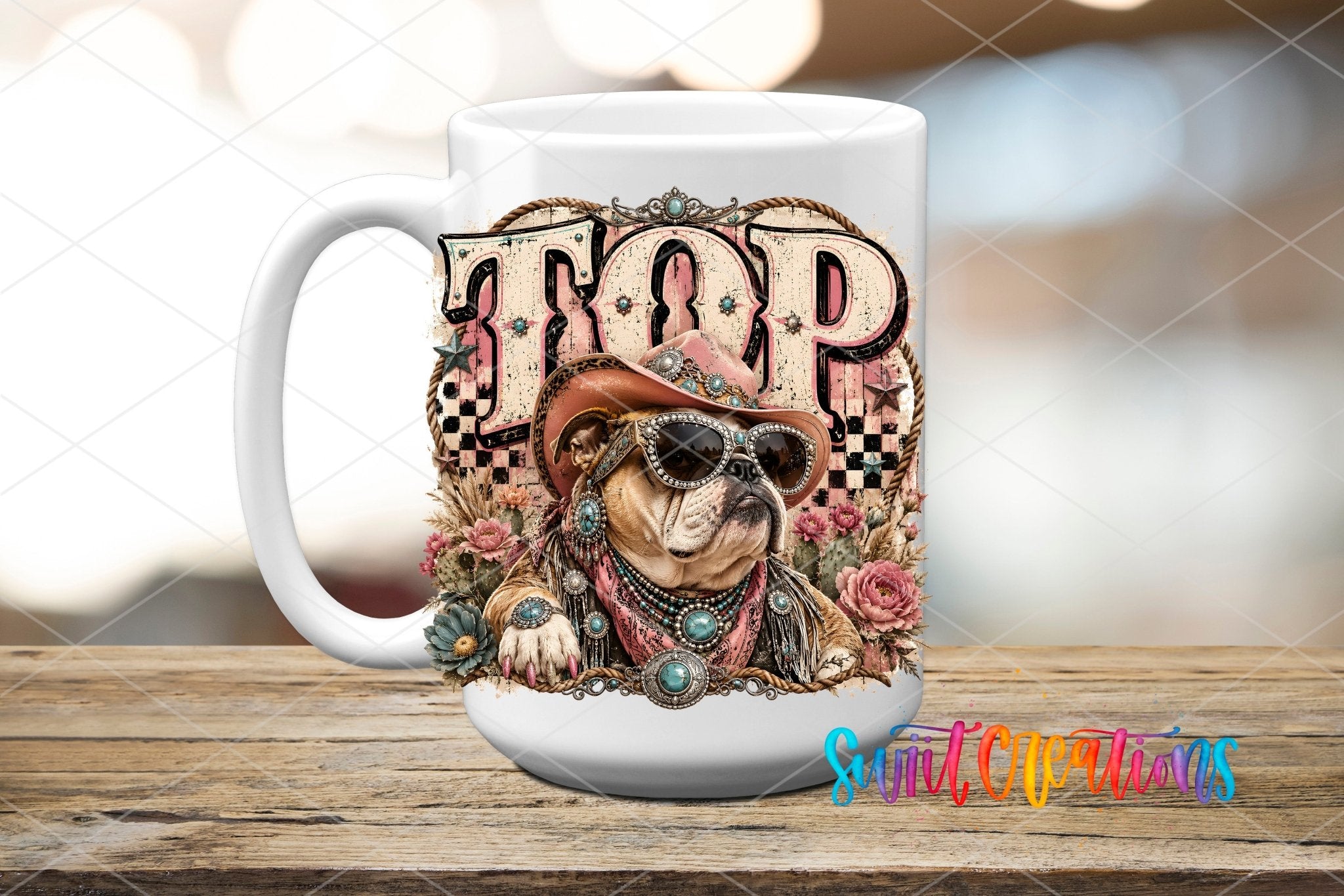 Top Dog Western Bulldog UV DTF Transfer | Retro Cowboy Dog Drinkware Design | UV2091 - Swiit Creations