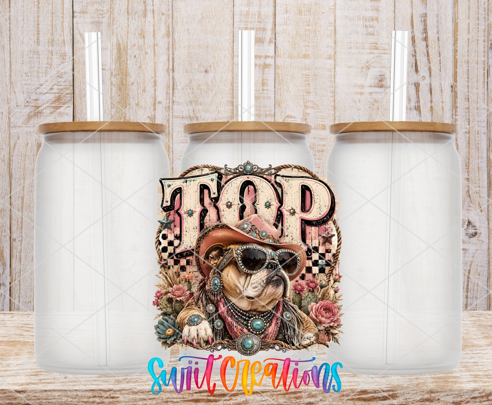 Top Dog Western Bulldog UV DTF Transfer | Retro Cowboy Dog Drinkware Design | UV2091 - Swiit Creations