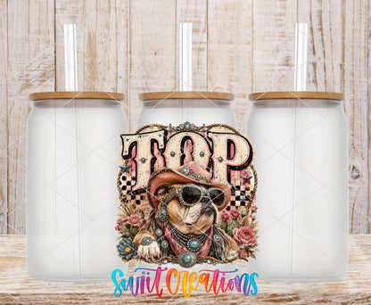 Top Dog Western Bulldog UV DTF transfer applied to a clear glass can set from Swiit Creations