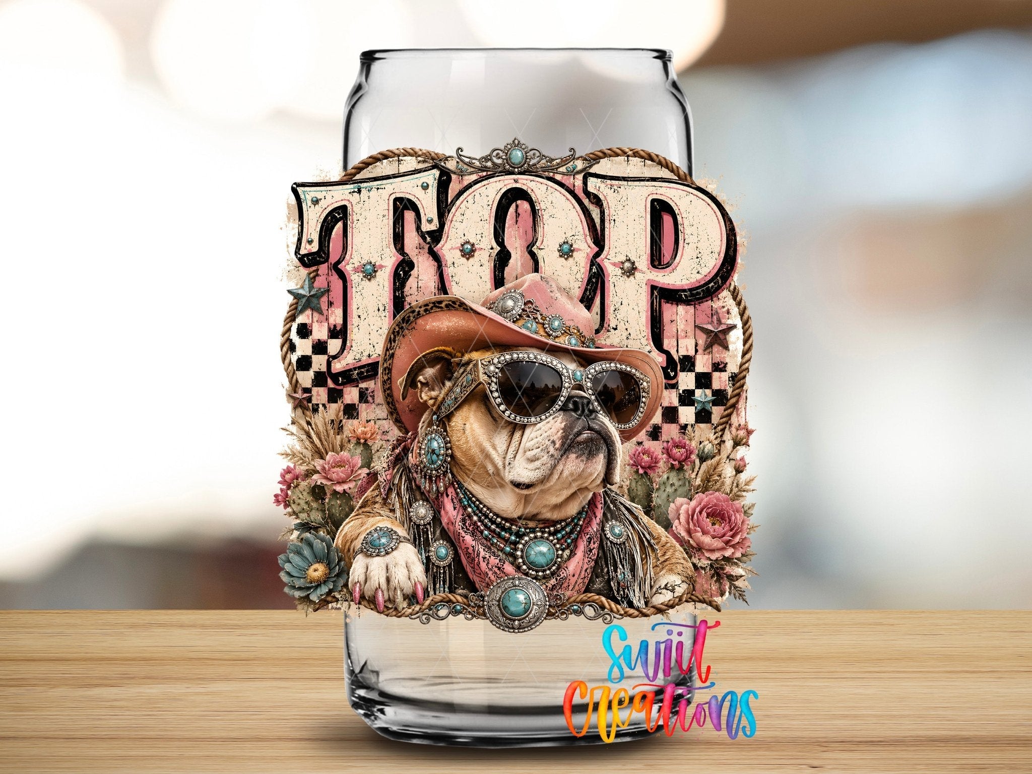 Top Dog Western Bulldog UV DTF Transfer | Retro Cowboy Dog Drinkware Design | UV2091 - Swiit Creations