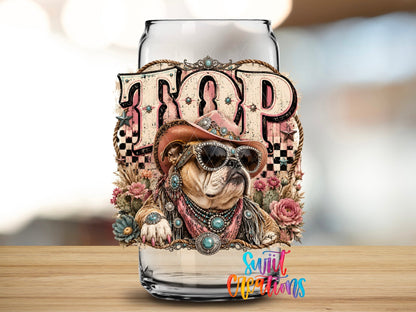 Top Dog Western Bulldog UV DTF transfer applied to a clear glass can from Swiit Creations