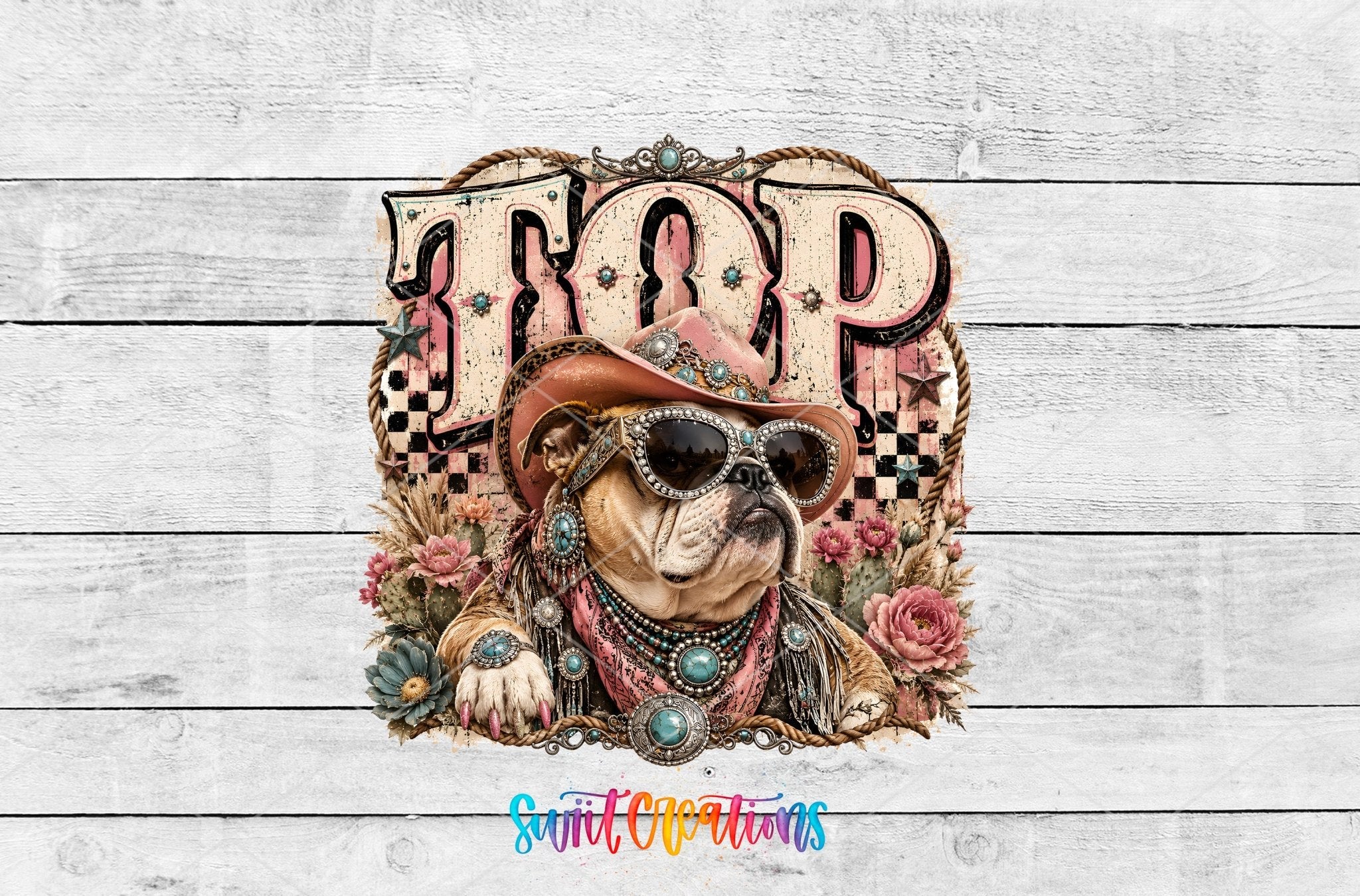 Top Dog Western Bulldog UV DTF Transfer | Retro Cowboy Dog Drinkware Design | UV2091 - Swiit Creations
