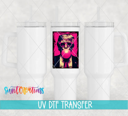 Swiit Creations UV DTF Trump transfer shown on a white tumbler set