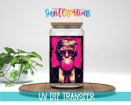 Swiit Creations UV DTF Trump transfer displayed on a clear jar mockup