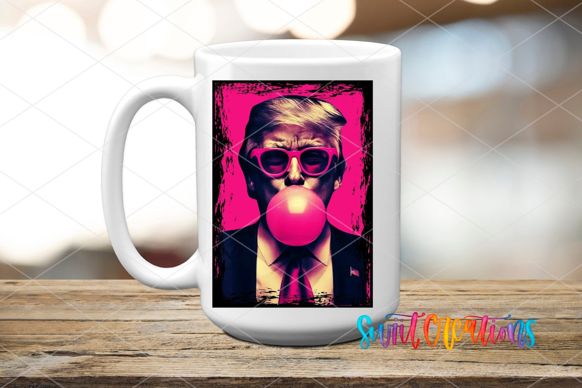 Swiit Creations UV DTF Trump transfer applied to a white ceramic mug