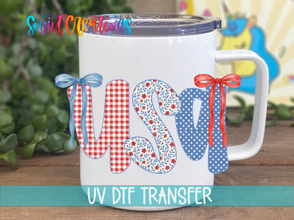USA Patriotic Patchwork UV DTF Decal | Red White Blue Bow Cup Transfer | UV1494 - Swiit Creations
