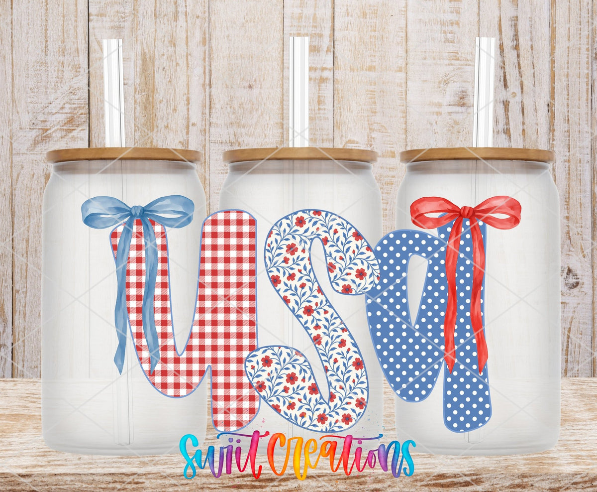 USA Patriotic Patchwork UV DTF Decal | Red White Blue Bow Cup Transfer | UV1494 - Swiit Creations