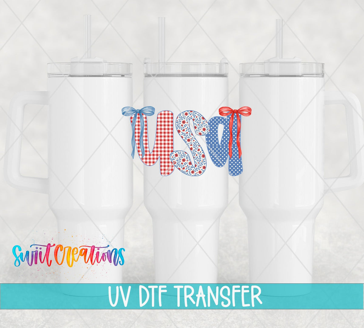 USA Patriotic Patchwork UV DTF Decal | Red White Blue Bow Cup Transfer | UV1494 - Swiit Creations