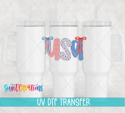 USA Patriotic Patchwork UV DTF Decal | Red White Blue Bow Cup Transfer | UV1494 - Swiit Creations
