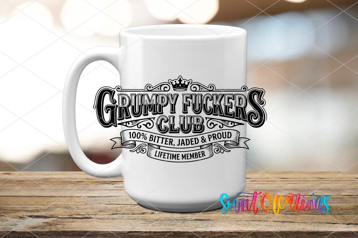 Grumpy Fuckers Club UV DTF transfer displayed on a white ceramic mug