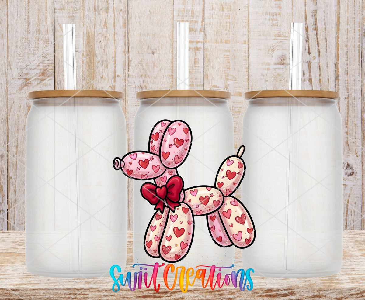 Valentine Balloon Dog UV DTF transfer applied to a clear glass can set from Swiit Creations