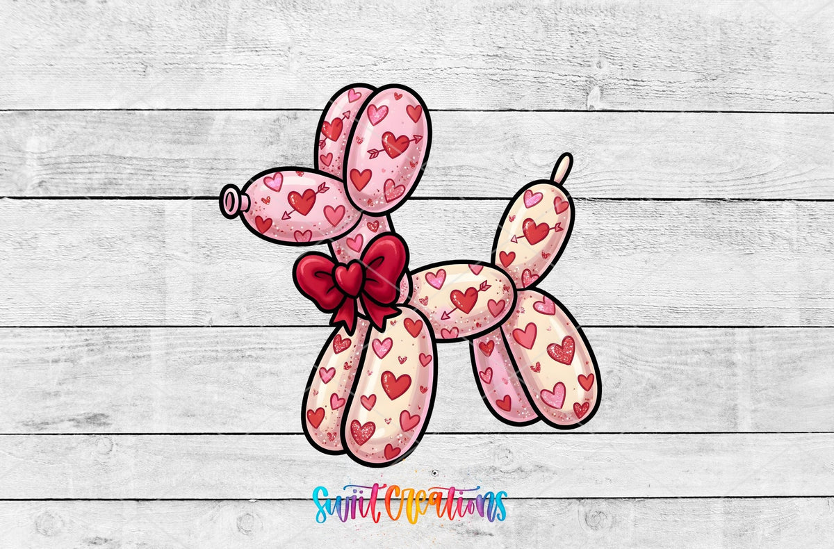 Valentine Balloon Dog UV DTF transfer shown as a full artwork preview from Swiit Creations