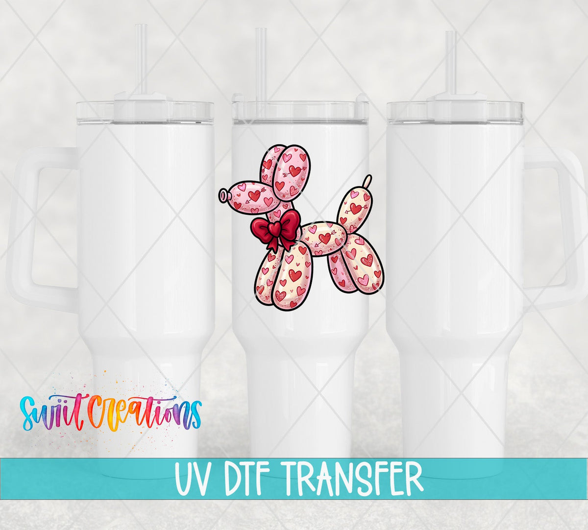 Valentine Balloon Dog UV DTF transfer applied to a white tumbler set from Swiit Creations