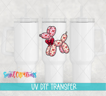 Valentine Balloon Dog UV DTF transfer applied to a white tumbler set from Swiit Creations