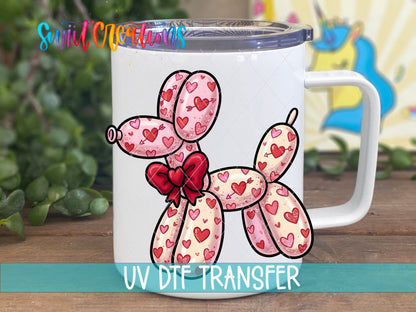 Valentine Balloon Dog UV DTF transfer displayed on a white coffee mug from Swiit Creations