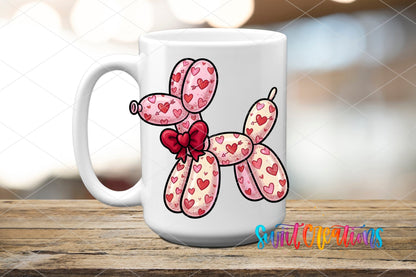 Valentine Balloon Dog UV DTF transfer displayed on a white ceramic mug from Swiit Creations