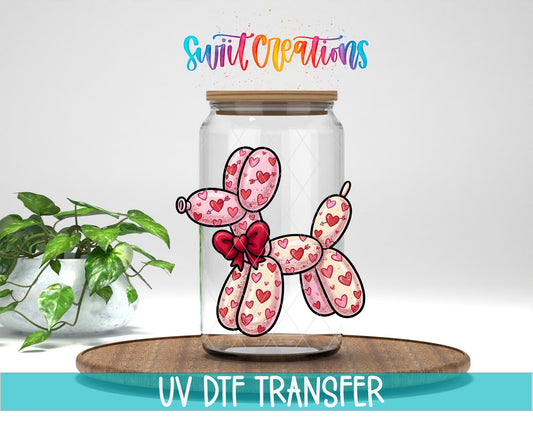 Valentine Balloon Dog UV DTF transfer displayed on a clear jar mockup from Swiit Creations