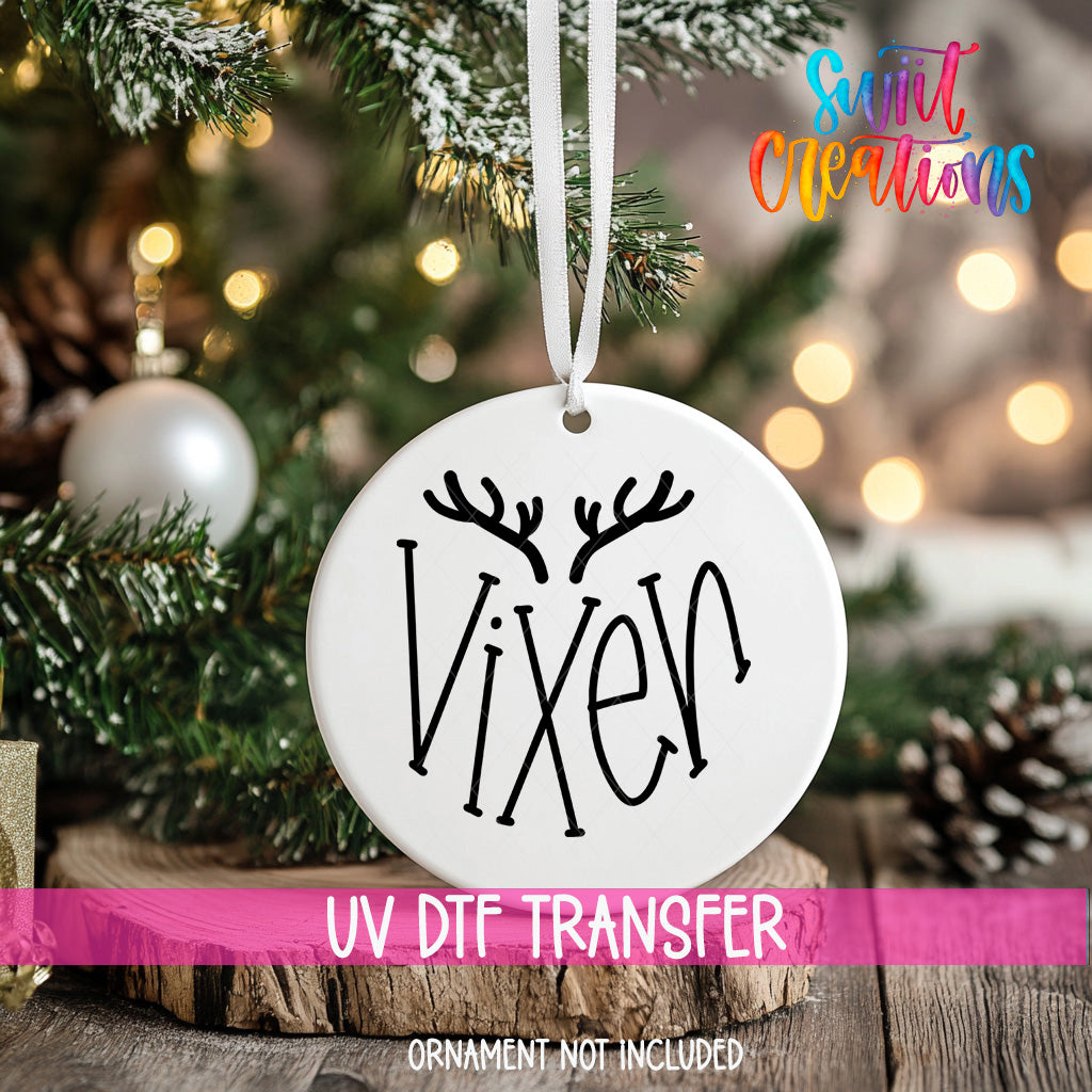 Vixen Christmas UV DTF ornament transfer mockup on round ornament