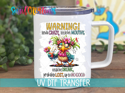 Swiit Creations UV DTF Kinda Crazy and Mouthy transfer displayed on a white coffee mug