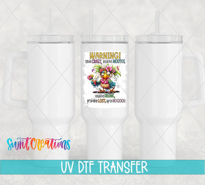 Swiit Creations UV DTF Kinda Crazy and Mouthy transfer shown on a white tumbler set