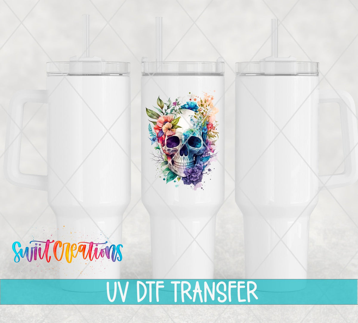 Watercolor Floral Skull UV DTF Cup Decal | UV729 - Swiit Creations
