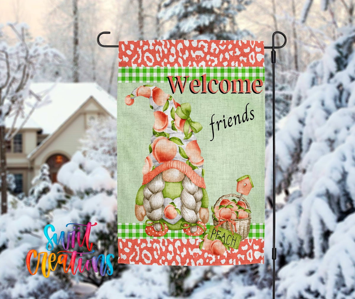 Welcome Friends Peach Gnome Yard Flag | Outdoor Peach Decor | Summer Garden Flag | YF64 - Swiit Creations