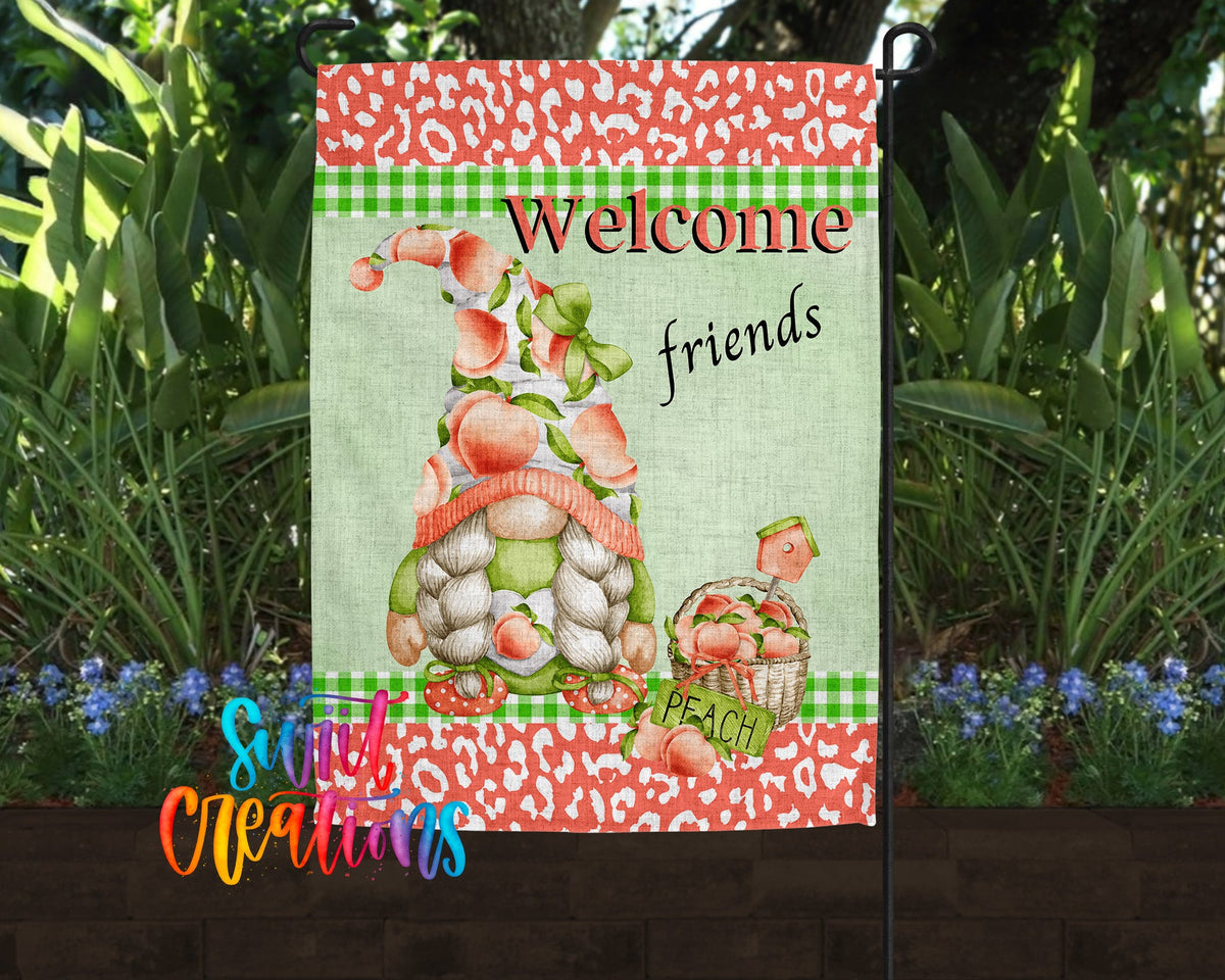 Welcome Friends Peach Gnome Yard Flag | Outdoor Peach Decor | Summer Garden Flag | YF64 - Swiit Creations