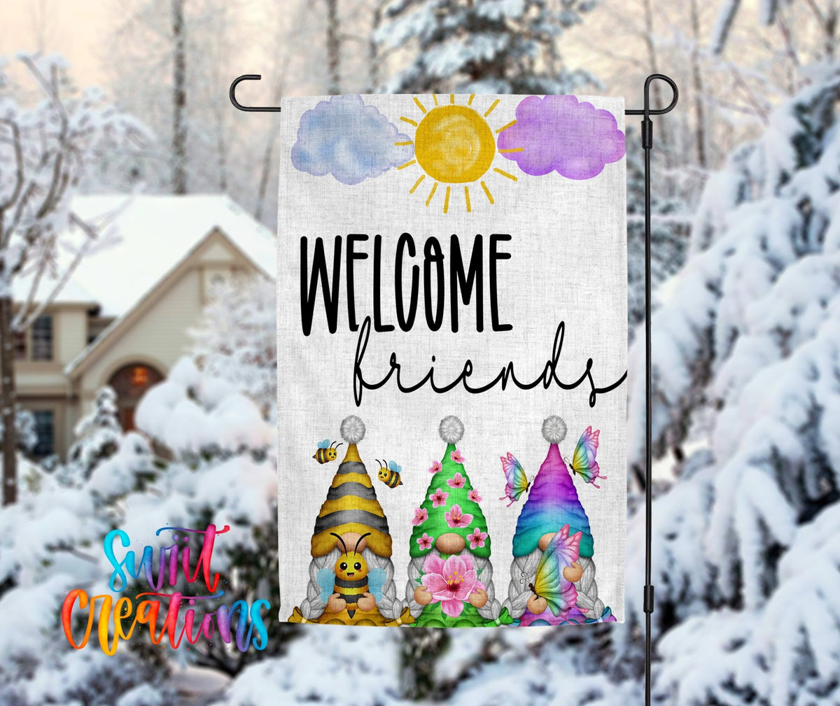 Welcome Friends Yard Flag | Summer Gnome Garden Flag | Butterfly Bee Outdoor Decor | YF75 - Swiit Creations