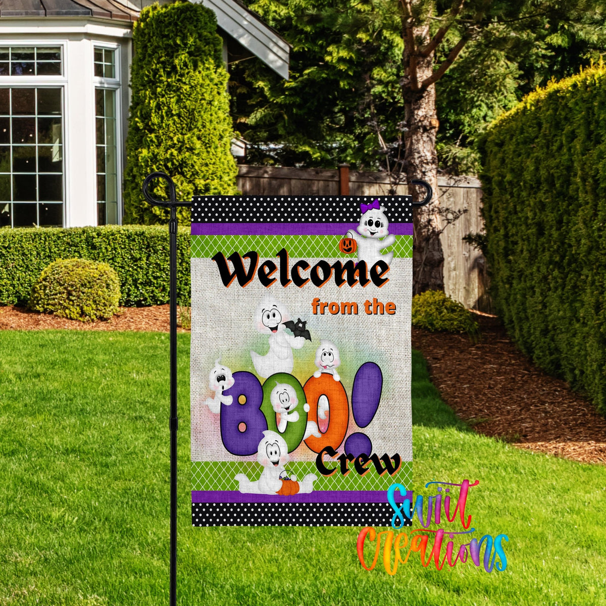 Welcome from the Boo Crew Garden Flag | Halloween Yard Flag | Ghost Outdoor Decor | Spooky Cute Porch Decoration | YF70 - Swiit Creations