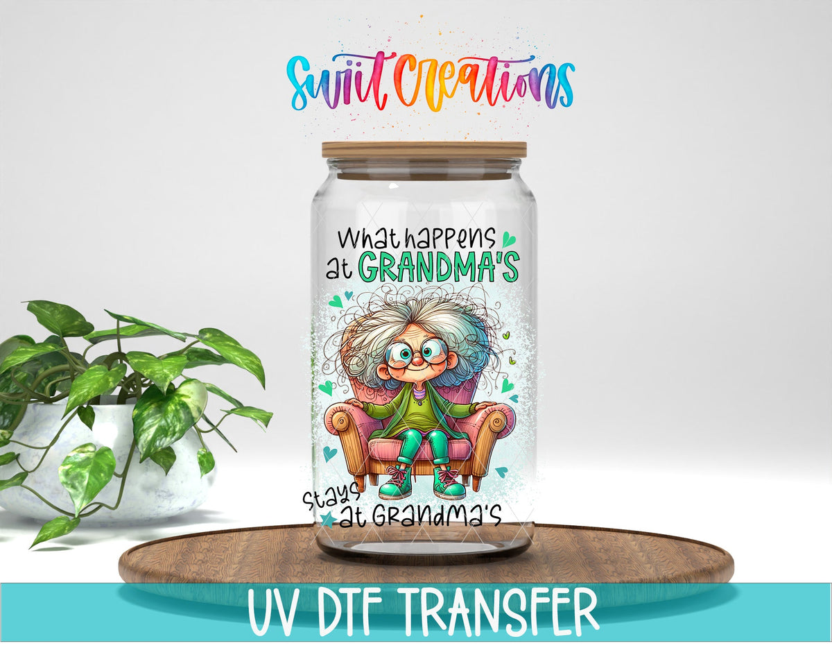 Swiit Creations UV DTF What Happens at Grandma’s transfer displayed on a clear jar mockup
