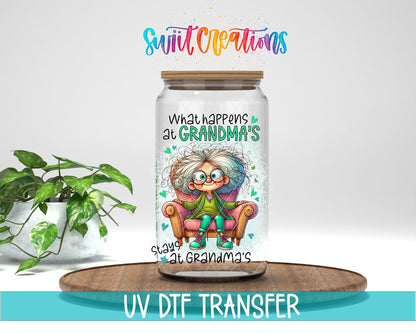 Swiit Creations UV DTF What Happens at Grandma’s transfer displayed on a clear jar mockup