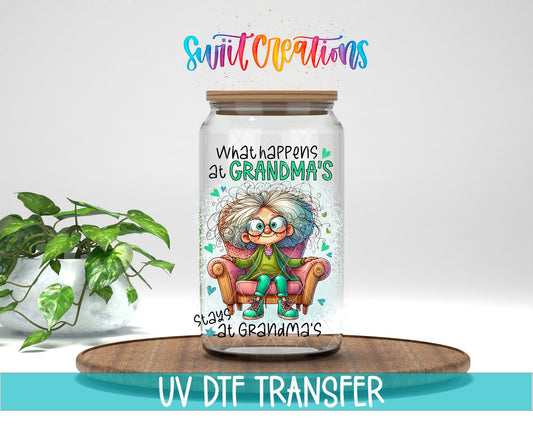 Swiit Creations UV DTF What Happens at Grandma’s transfer displayed on a clear jar mockup