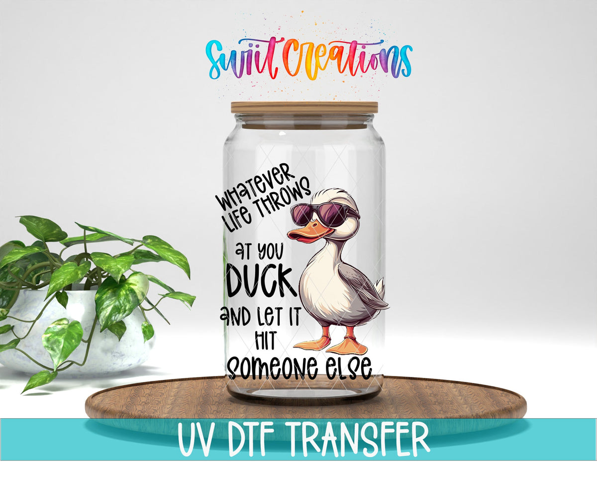 Whatever Life Throws At You UV DTF transfer displayed on a clear jar mockup from Swiit Creations