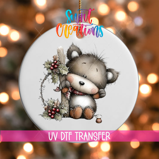Whimsical Bear With Holly Christmas UV DTF Ornament Transfer | O-1755 - Swiit Creations