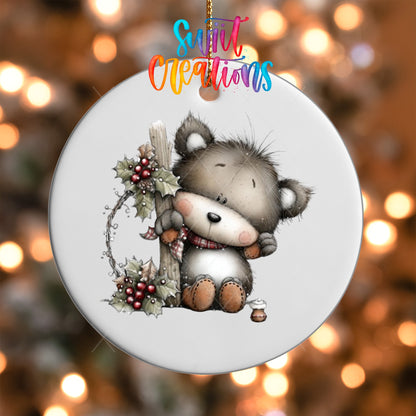 Whimsical Bear With Holly Christmas UV DTF Ornament Transfer | O-1755 - Swiit Creations