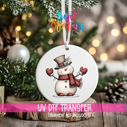 Whimsical Christmas Snowman Ornament UV DTF Transfer | Top Hat Snowman with Red Scarf and Mittens | O-2258 - Swiit Creations