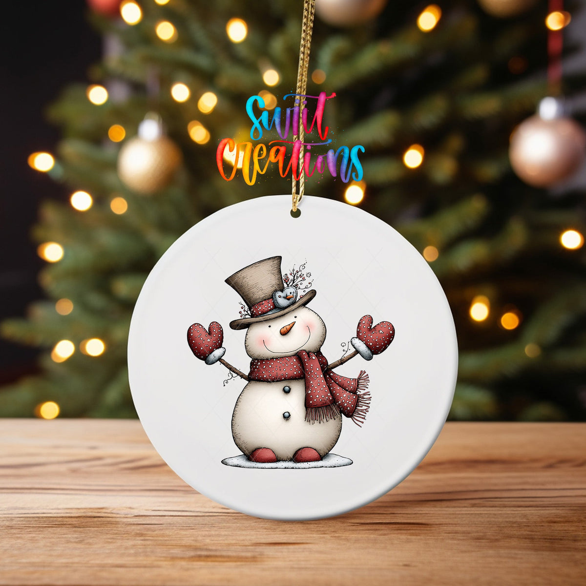 Whimsical Christmas Snowman Ornament UV DTF Transfer | Top Hat Snowman with Red Scarf and Mittens | O-2258 - Swiit Creations