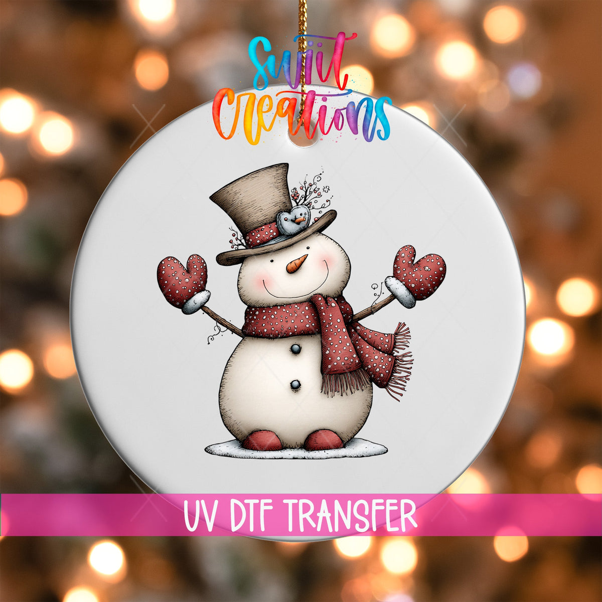 Whimsical Christmas Snowman Ornament UV DTF Transfer | Top Hat Snowman with Red Scarf and Mittens | O-2258 - Swiit Creations