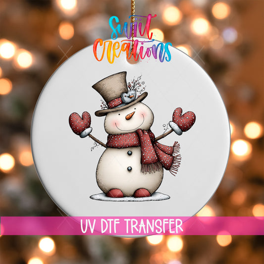Whimsical Christmas Snowman Ornament UV DTF Transfer | Top Hat Snowman with Red Scarf and Mittens | O-2258 - Swiit Creations