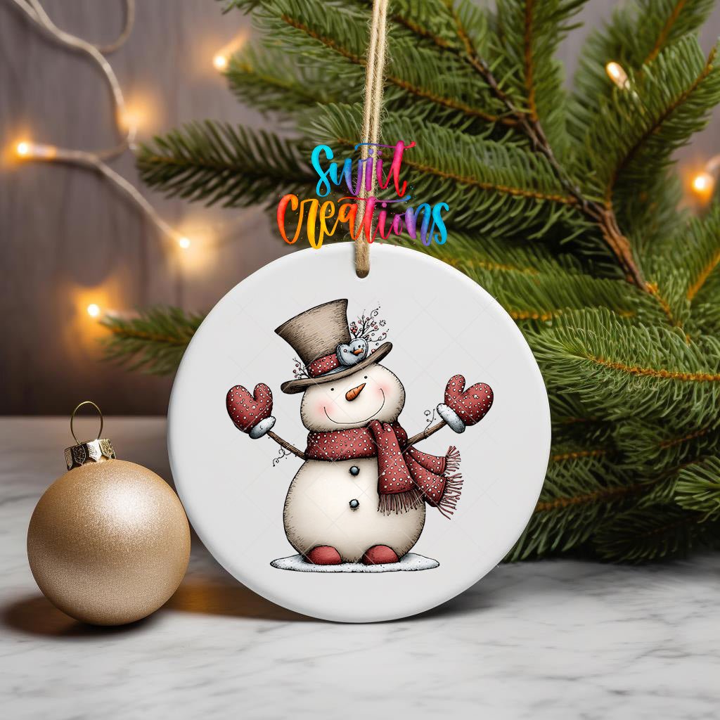 Whimsical Christmas Snowman Ornament UV DTF Transfer | Top Hat Snowman with Red Scarf and Mittens | O-2258 - Swiit Creations