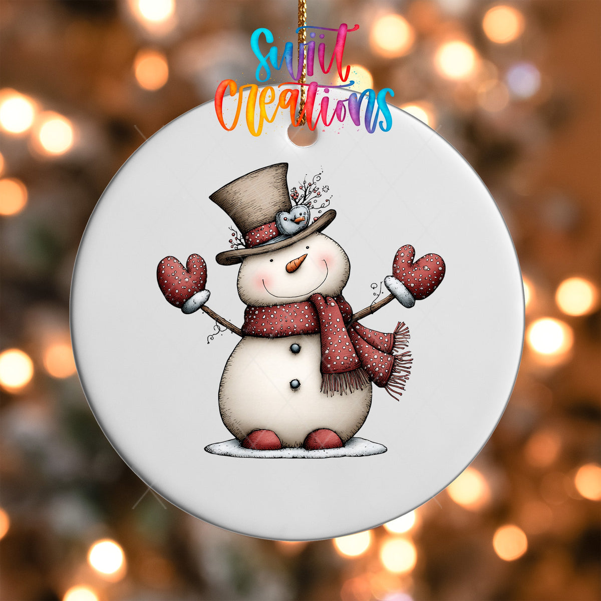Whimsical Christmas Snowman Ornament UV DTF Transfer | Top Hat Snowman with Red Scarf and Mittens | O-2258 - Swiit Creations