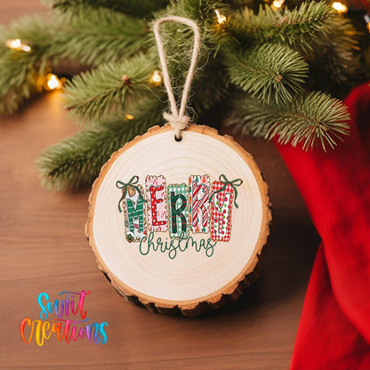 Whimsical Patchwork Merry Christmas UV DTF Ornament Transfer| O-1606 - Swiit Creations