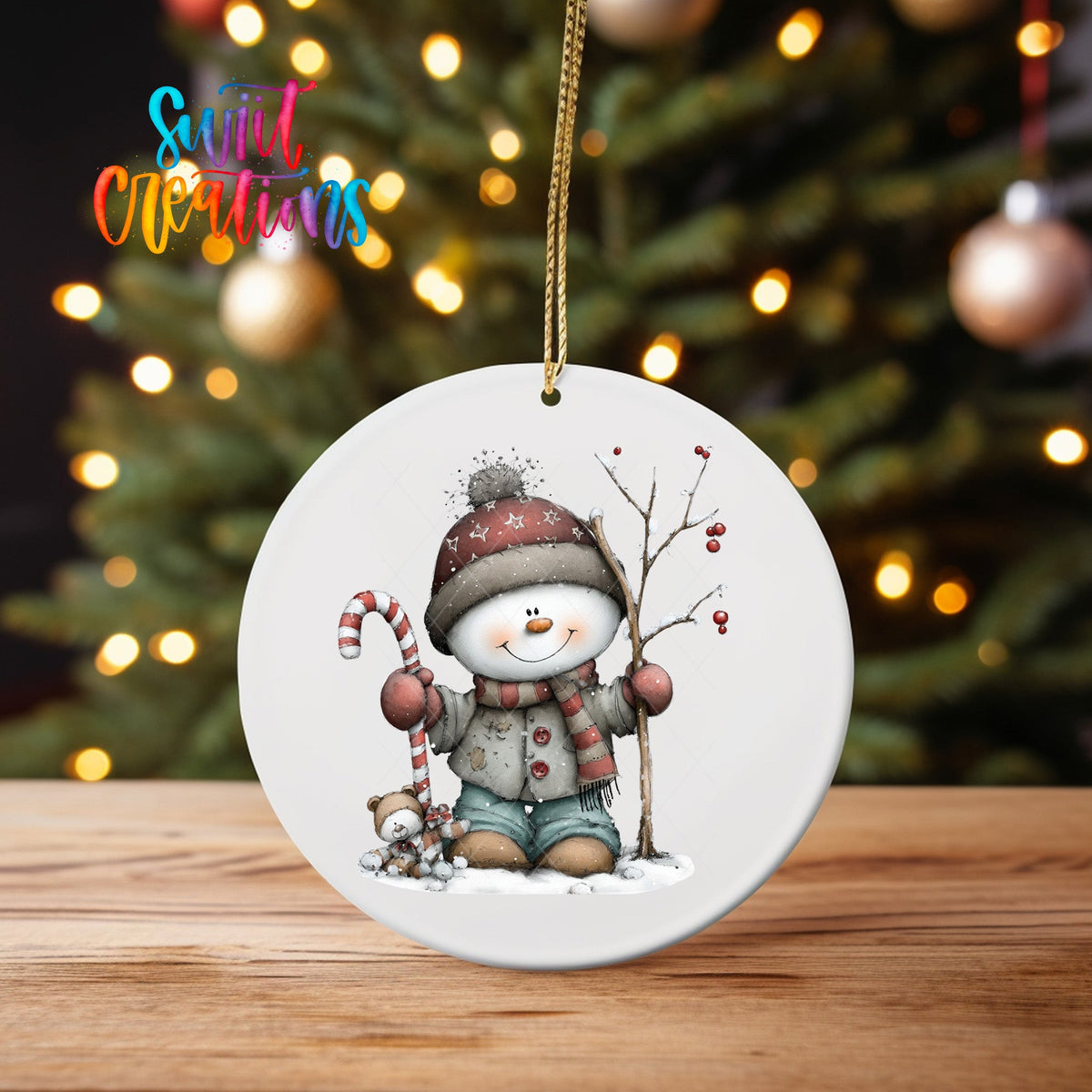 Whimsical Snowman With Candy Cane Christmas UV DTF Ornament Transfer | O-1752 - Swiit Creations