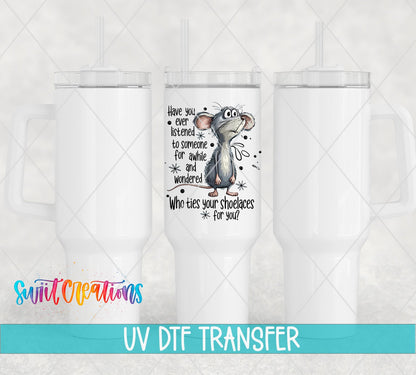 Who Ties Your Shoelaces UV DTF transfer applied to a white tumbler set from Swiit Creations