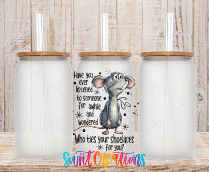 Who Ties Your Shoelaces UV DTF transfer applied to a clear glass can set from Swiit Creations
