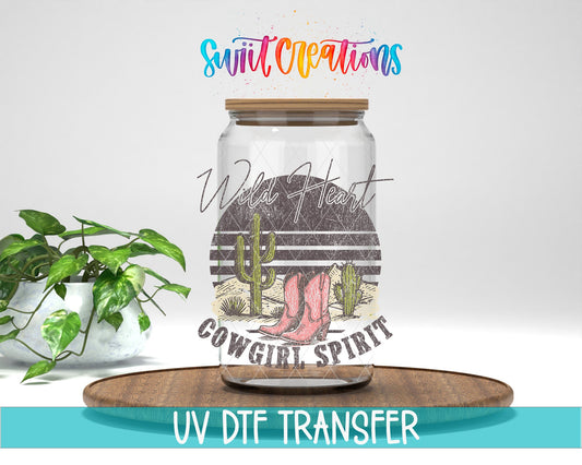 Wild Heart Cowgirl Spirit UV DTF transfer displayed on a clear jar mockup from Swiit Creations