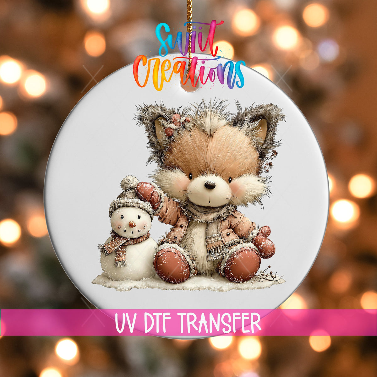 Winter Fox and Snowman Ornament UV DTF Transfer | Blush Pink Woodland Friends in Snow | O-2182 - Swiit Creations