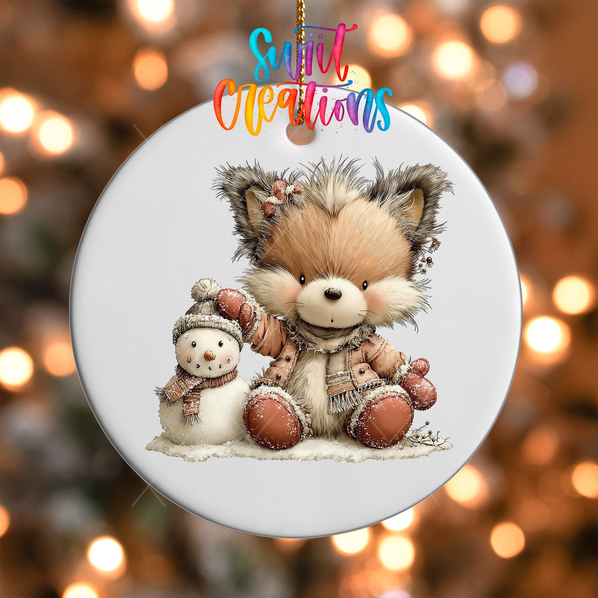 Winter Fox and Snowman Ornament UV DTF Transfer | Blush Pink Woodland Friends in Snow | O-2182 - Swiit Creations