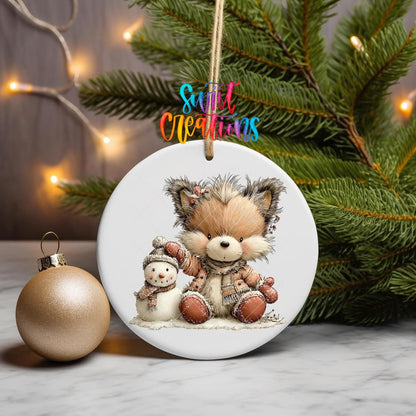 Winter Fox and Snowman Ornament UV DTF Transfer | Blush Pink Woodland Friends in Snow | O-2182 - Swiit Creations